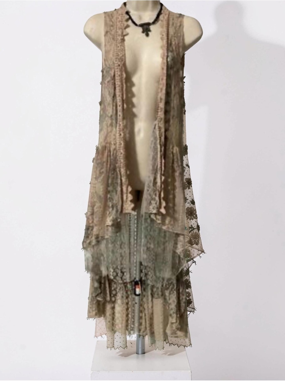 NEW Origami Women’s Small Boho Lace Crochet Sleeve Duster Brown Gray